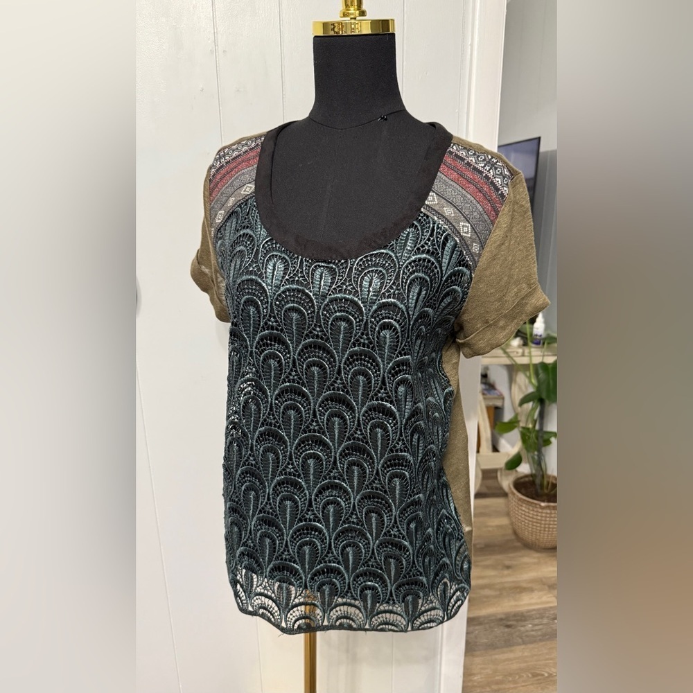 #12)  Custo Barcelona Black and Green Lace Short Sleeve Top